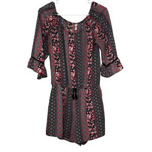Xhilaration Boho Floral Tribal Print Romper Bell Sleeve Pockets XL